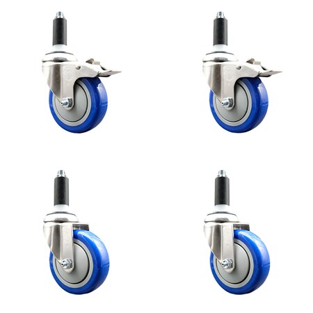 Service Caster 4 Inch 316SS Blue Poly Swivel 1 Inch Expanding Stem Caster Lock Brake, 2PK SS316TTLEX20S414-PPUB-BLUE-2-S-2-1